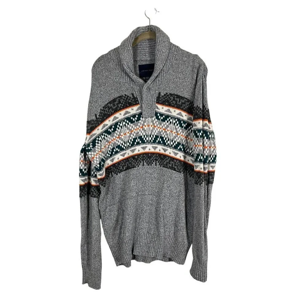 American Eagle Grandpa Sweater M Gray Cardigan Chevon Fair Isle Retro 80s